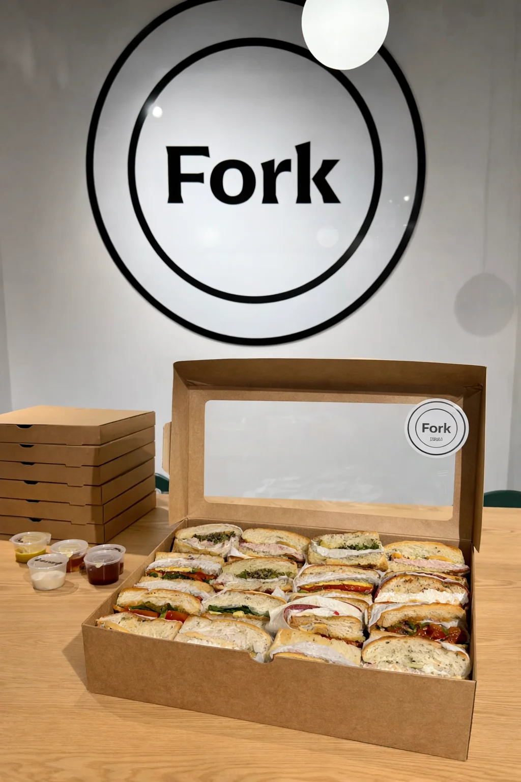 An open catering box of focaccia sandwiches beneath the FORK wall sign.